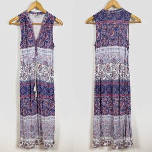 Lucky Brand Sleeveless Floral Drawstring Tie Front Midi Dress Size XS Purple